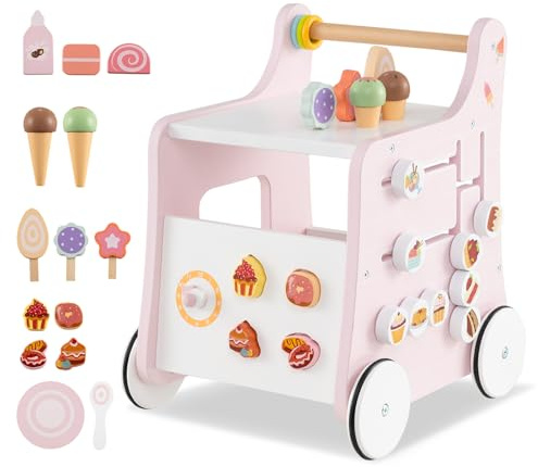 COSTWAY Springvagn trä, gåhjälpmedel med förvaringsutrymme, dessertbutik på hjul med glass, reglage, labyrint, tallrik och sked, Montessori-aktivitetscenter för barn från 1 år (rosa)