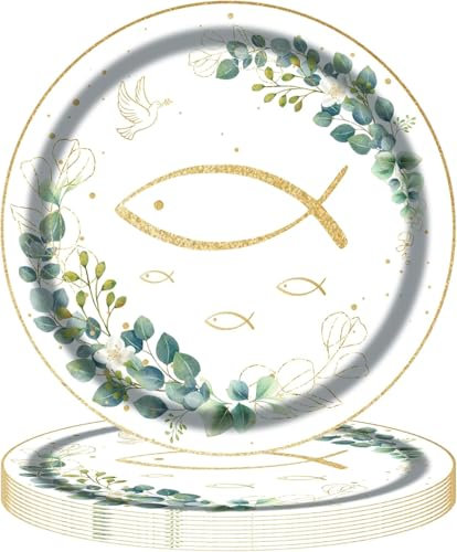 Assiettes en carton communion 24 pièces 18cm Design eucalyptus et poisson doré renforcées et résistantes pour décoration baptême garçon communion garçon fille ou garçon pour gâteau bonbons salade