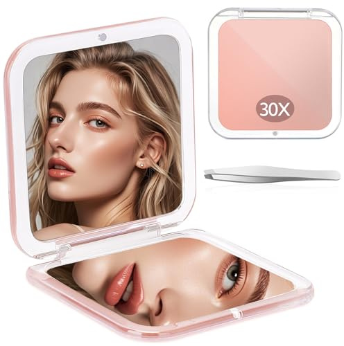 Zikenis Specchio Ingranditore 1X/30X, Specchietto da Borsetta, Specchio Semiriflettente, Interruttore Magnetico, Pieghevole, Portatile Piccolo Mirror (Oro Rosa)