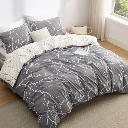 Bedsure Funda Nordica Cama 150 - Ramitas Grises, Funda de Edredón 230x220