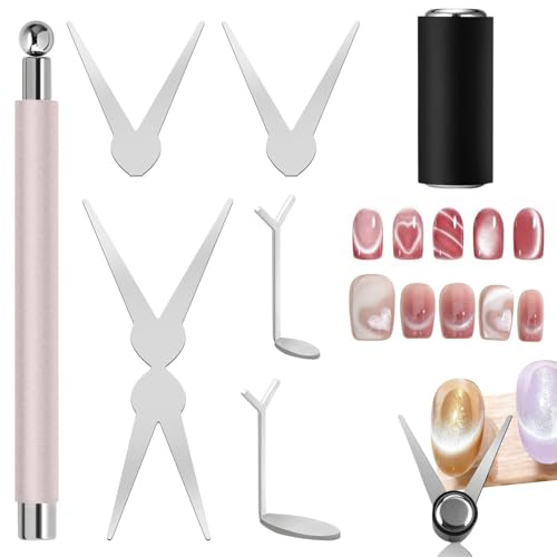 Juego de 8 imanes de ojo de gato francés, kit 3 en 1 para decoración de uñas con tijeras e imanes cilíndricos para crear cuentas de vidrio, diseños de esmalte de gel de ojo de gato anchos y curvos