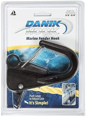 Danik Hook Marine Fender Hook – Adjustable Boat Fender Hanger (Made in USA) – No Knots Needed, High-Strength Composite for 3/8–5/8 Line, Fits Up to 1 1/4 Rails (Fender Line Not Included) - Black