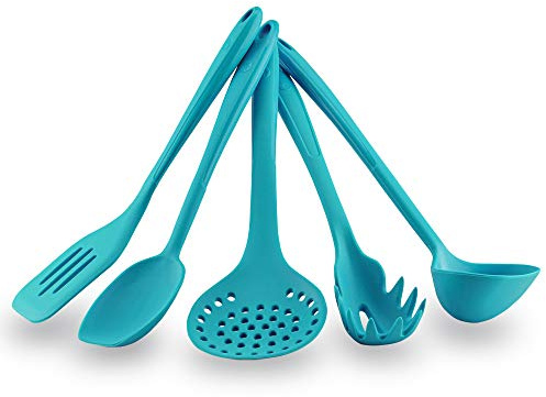 Kochblume Starter-Set - Flexwender & Soßenlöffel L & Schaumlöffel & Pastalöffel & Schöpfkelle L 5er Set | Premium-Silikon | Hitzbeständig | Spülmaschinenfest | Farbe: türkis