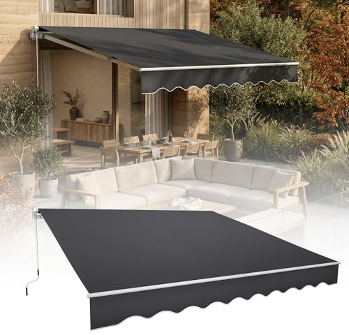 HENGMEI Toldo de brazo articulado, 360 x 300 cm, protección solar, toldo para terraza, toldo retráctil de aluminio con manivela (gris oscuro)