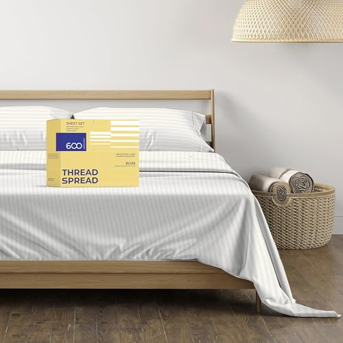 THREAD SPREAD Luxury Egyptian Cotton Queen Stripe Sheet Set, 600 Thread Count Extra Long Staple 4 PC Set, Queen Damask Sheets, Soft, Cooling Sateen Weave Striped Sheets Upto 18 Deep Pocket - Ivory