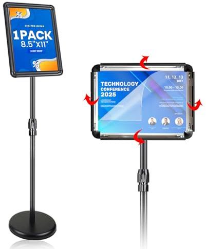 Adjustable Sign Holder Stand for Display, Pedestal Floor Poster Stand Sign Holder 8.5x11 inch, Snap Frame for Vertical and Horizontal View, Standing Sign Holder for Business Mall, Black
