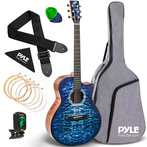 Pyle Blue Ocean Ripple, Guitarra acústica de cuerda de acero, Tapa de abeto sólido y acabado brillante, Tamaño completo, Kit de accesorios, Afinador digital, Ideal para principiantes