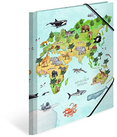 HERMA Sammelmappen A4 Weltkarte Set, 3 Stück, Eckspanner-Mappen aus Pappe mit Kindergarten Motiv, Gummizug, Innenklappen und Innendruck für Jungen, Mädchen und Kinder
