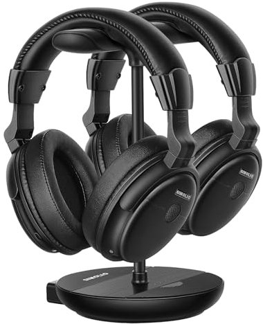 SIMOLIO Cuffie Wireless per TV, Doppie Cuffie per TV con Trasmettitore Supporto di Ricarica 2 in 1, Dialogo Chiarificatore, Comodo da Usare per gli Anziani, by-Pass, Controllo del Equilibrio e Tono