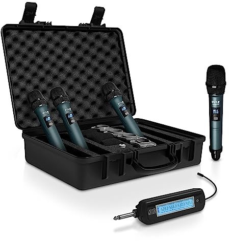 Pyle 4 Channel Wireless Microphone System, Portable UHF Band Receiver System, Independent Channel Controls, RF Signal LCD Indicator, Digital Audio Microphone Set with 4 Handheld Microphones (Green)