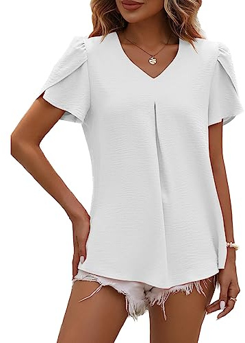 LEKOPUR Damblus, sommar, kortärmad tunika, V-ringad skjorta, enfärgad chiffong, toppar, vår, eleganta sommarblusar, ledig bluströja, t-shirt, topp, Vit, S