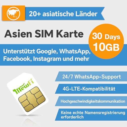 Asien SIM-Karte 30 Tage 10GB– Prepaid Daten-SIM für Reisen in Japan, Korea, China & mehr – 4G Netz, Keine Anrufe/SMS – Google, Instagram & Whatsapp nutzbar – 24/7 Whatsapp Support