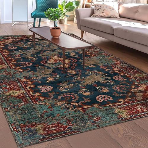 bamyum Kinevart Alfombras Vintage Impresa Chenilla Estampada a Máquina 120 x 180 cm, Alfombra Lavable Salón Multicolor Vintage Dormitorio, Antibacteriana Antideslizante Base Alfombra Cocina