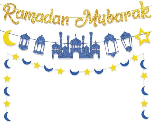 Ramadan Decorations, Ramadan Mubarak Banner, Moon Star Paper String, Ramadan Decorations for Home Ramadan Bunting Banner for Islamic Party Decorations