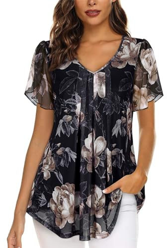 ACDAY Ladies Tops Women Blouses and Shirts Short Sleeve Shirts for Womens UK Flowy Summer Top for Women Tunic Tops for Leggings Dressy Casual Chiffon Top for Womens Lightweght Mesh Tunic Tops