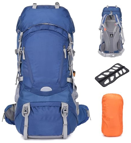 Outplea 60 L lätt intern ram backpacking vandringsryggsäck med regnskydd för män kvinnor, stor reseryggsäck, blå