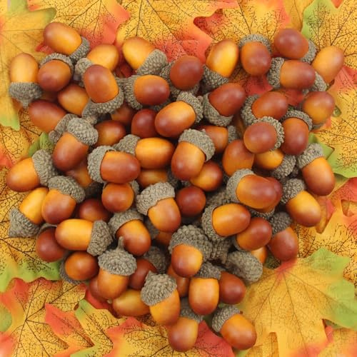 Kapokr 150 stycken mini konstgjorda ekollon, simulering, ekollon, med naturlig ekollon, konstgjord lönnblad, ekollon, dekor, hantverk för höstdekoration, Thanksgiving, halloween, jultider, dekoration