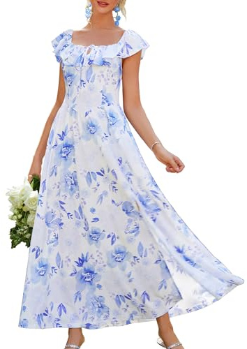 GRACE KARIN Lång off-shoulder sommarklänning för dam med volanger, slits, boho, blommig, elegant, strandklänning, bröllopsgästklänning, med fickor, L