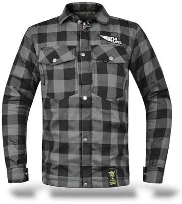 TLA GRID chemise de moto avec protections, veste en flanelle à carreaux avec renforts en aramide, unisexe pour Homme et Femme, veste vintage pour scooter, avec fermeture éclair et boutons, Gris, L