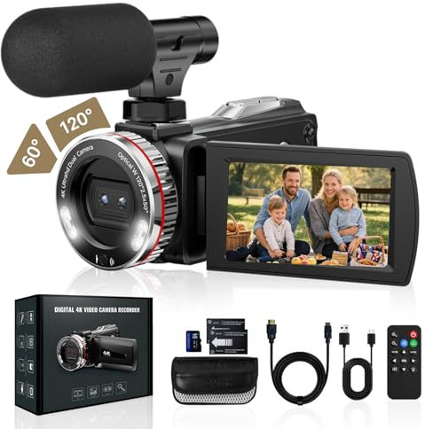 Euiivnt 4K 60FPS Video Camera with HDMI & Mic, 48MP Camcorder for YouTube Vlogging, Dual Lens 21X Zoom, Rotatable Screen, 2 Batteries & 64GB Card