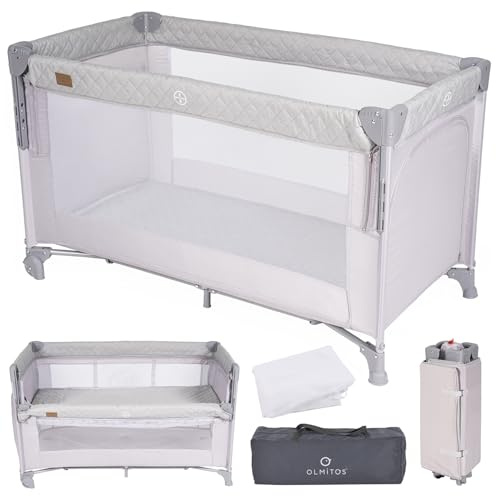 Olmitos - Cuna de Viaje Colecho 3 en 1 Trend Cun con Mosquitera 0-3 años (0-15kg) Plegable, Ligera, Doble Altura, Lateral Abatible, Parque de Juegos y Bolsa de Transporte (Gris Claro)