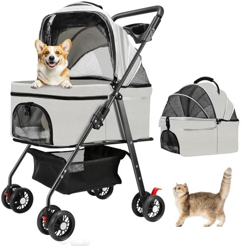 AODI Pet Stroller for Small Dogs and Cats with 4 Wheels, 3 in 1 Foldable Dog Stroller with Detachable Carrier, Breathable Mesh, Storage Basket & Cup Holder, Up to 33 lbs