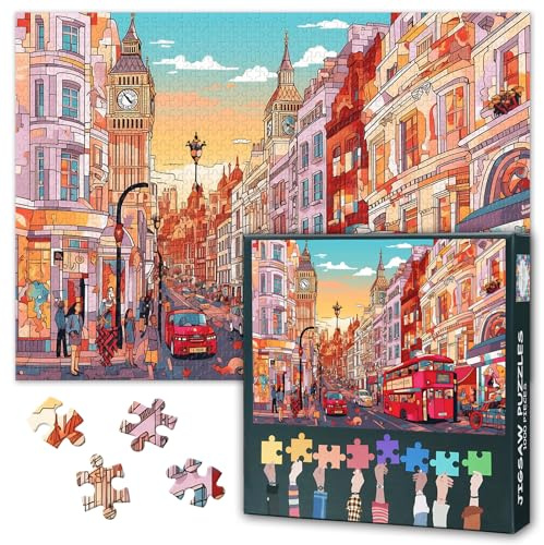 1000 Piece Jigsaw Puzzle for Adults London Cityscape British Architecture Urban Landscape Pattern Houses Big Ben Thames River Skyline Puzzle 27.5x19.7 Inch