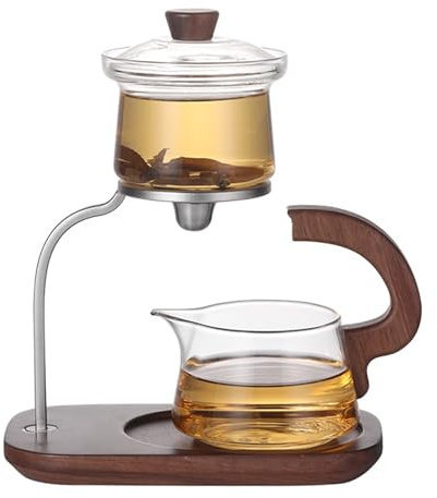 Hamwesh Lazy Tea Maker Teservis, Halvautomatisk Tekanna i Glas med Magnetiskt Vattenkontrollhandtag och Roterande Lockskål, för Varma Kalla Drycker, 350 Ml Kopp 300 Ml Teförvaring