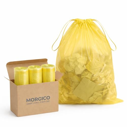 MORGICO - 30 Sacchetti Spazzatura 110 Litri - 70x105 cm con Maniglie Tira e Chiudi | Buste Pattumiera per Raccolta Differenziata - Anti Goccia, Ultra Resistenti, Colore Giallo