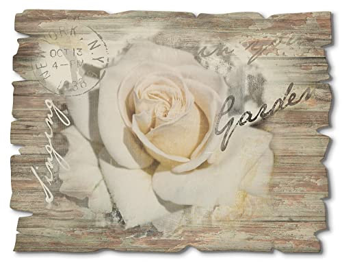 ARTland Wanddeko Bild aus Holz Holzbild vintage Deko 40x30 cm Querformat Botanik Blumen Blüten Rose Kunst Schriftzug Landhausstil T5GJ