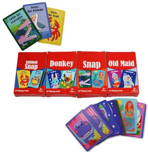 D.A.Y. Republic Lot de 4 jeux de cartes classiques traditionnels pour enfants, Old Maid, Snap Donkey, Go Fish, Idéal pour les voyages et les jeux de famille (4 jeux de cartes classiques pour enfants)