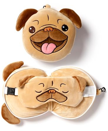 Relaxeazzz Mopps Mops Plysch Resekudde & Ögonmask 95% Polyester