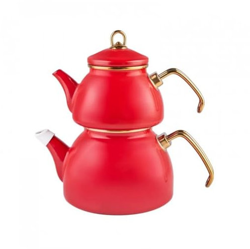 Karaca Juego de tetera esmaltada retro, titanio, infusor de té de 1,1 L a 1,1 kg, olla de agua de 2,3 L - 5 libras, color rojo, apto para inducción, tetera de té, hervidor de agua turco, tetera