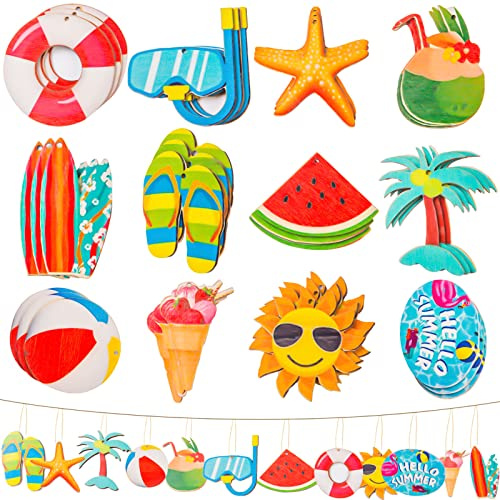 CANIPHA Juego de 36 Adornos para árbol de Verano, Adornos Colgantes de Madera con Cuerdas, Adornos Colgantes Decorativos náuticos Multicolores, Suministros para Fiestas de cumpleaños, decoración de