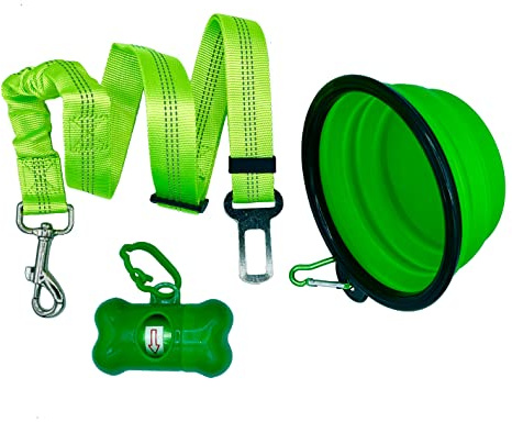 RIGIARILOO - Kit Viaggio per Cani e Gatti: Cintura Sicurezza Auto Verde, Ciotola Pieghevole, Porta Sacchetti Guinzaglio - Set 3 Accessori Essenziali