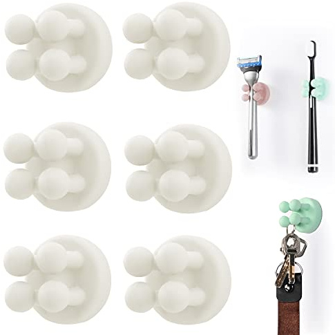 Lot de 6 Supports de Brosse à Dents en Silicone Multifonction pour Rasoir - Étanche - Auto-adhésif Mural - pour Mur ou Verre - pour Suspendre Salle de Bain, Cuisine, Salon, Bureau (Blanc)