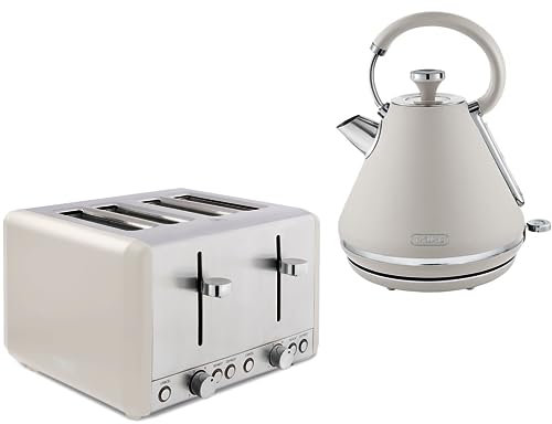 TOWER Cavaletto Latte 1.7L 3KW Pyramid Kettle, 4 Slice 1800W Toaster. Matching Kitchen Electrical Set in Latte with Chrome Accents