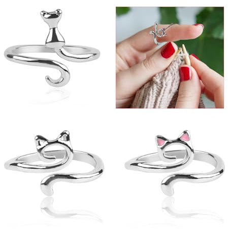 3 Stück Strick Häkelringe Finger, Niedliche Katzenform Häkel Ringe zum Handarbeiten Strick Fingerhut Garnführung Fingerhalter für Schnelleres Stricken (Silber)