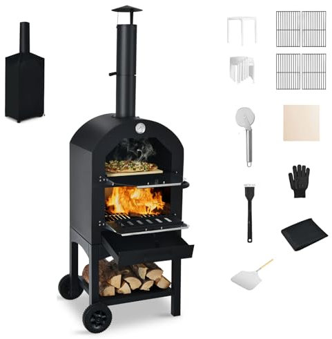 KOMFOTTEU Pizzaofen für den Außenbereich, tragbarer Holzofen aus Eisen, Mini-Ofen 2 Ebenen, Pizza Backofen mit Pizzastein, Pizzawender, Grillrost, wasserdichter Deckel, für Camping Party Grill