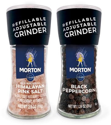 Morton, Lot de 2 moulins à sel rose de l'Himalaya (70,9 g) et poivre noir (34 g) - Rechargeable et réglable