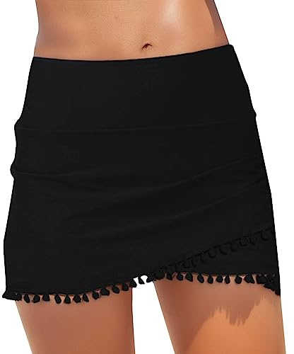 Women Swim Skirt with Briefs Double Layered Ruffled High Waisted Skirt for Women Tummy Control Ruched Bikini Bottoms Bathing Suits Skorts Quick Dry Swimsuit Bottom Black