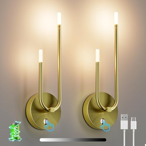 Aipsun 2er Set LED Akku-Wandleuchte Gold, Kabellos & Wiederaufladbar (6000mAh/6W), Touch-Dimmer 3000K, Magnetische Montage, Modern für Schlafzimmer/Wohnzimmer/Flur/TV-Wand (42cm)