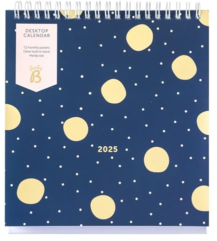 Busy B 2025 Desk Calendar – Jan to Dec, Navy & Gold Spot 2025 Calendar with Built-in Stand & Flip-Top Binding - A5 Work Calendar for Office or Home - Year Planner with Pockets for Organised Planning