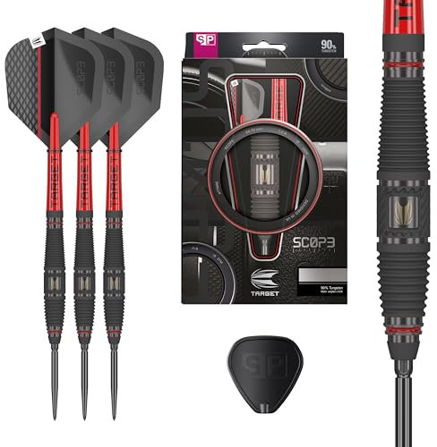 TARGET Darts Scope Steel Tip Swiss Point Darts, 90% Tungsten Dart Set, Barrel 03-25G | Steel Tip Dart Sets, Red & Black Darts, Professional Dart Set with Swiss Points & Tool