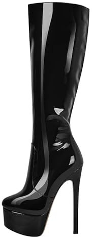 blingqueen Bottes à plateforme Stiletto stretch au genou à talons hauts vernies, Noir , 43 EU