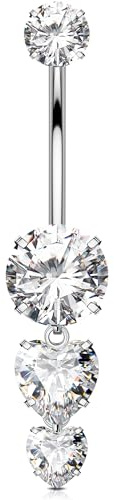 OUFER 14G Titanio G23 Piercing Ombelico Filettatura Interna Cuore Piercing Ombelico Anello Pendente 8 mm Belly Bar CZ Trasparente Navel Bar Cerchio Donna