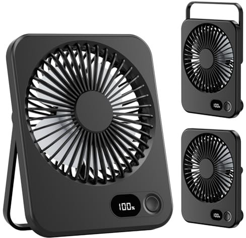 LuJasi Klein Tischventilator USB Leise Ventilator Akku 3600mAh 5 Geschwindigkeiten 180°Einstellbar Tragbarer LED Anzeige Fan Für Büro, Bibliothek, Reise Schwarz