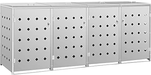 Emmtore Edelstahl Mülltonnenbox, 4 Tonnen*240L, Silber, Garten, Praktische Tür mit Verriegelungssystem, Wasserfest, 276 x 77,5 x 115 cm (B x T x H), 40 kg max.