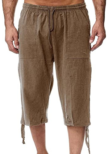 3/4 Length Shorts Men Long Linen Shorts,Three Quarter Length Trousers Men for UK Men's Cropped Pants with Pockets Elastic Waist Summer Lightweight Sweatpant Coffee XL