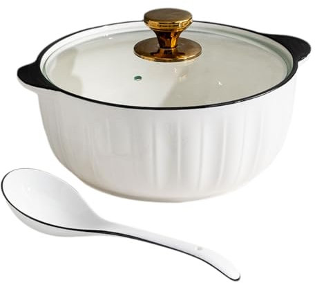 Peakjune Soupière en céramique avec Couvercle,Ensemble soupière avec Couvercle et louche,Soupière à Deux anses en céramique avec cuillère,Marmites à Soupe en céramique,pour Restaurant.